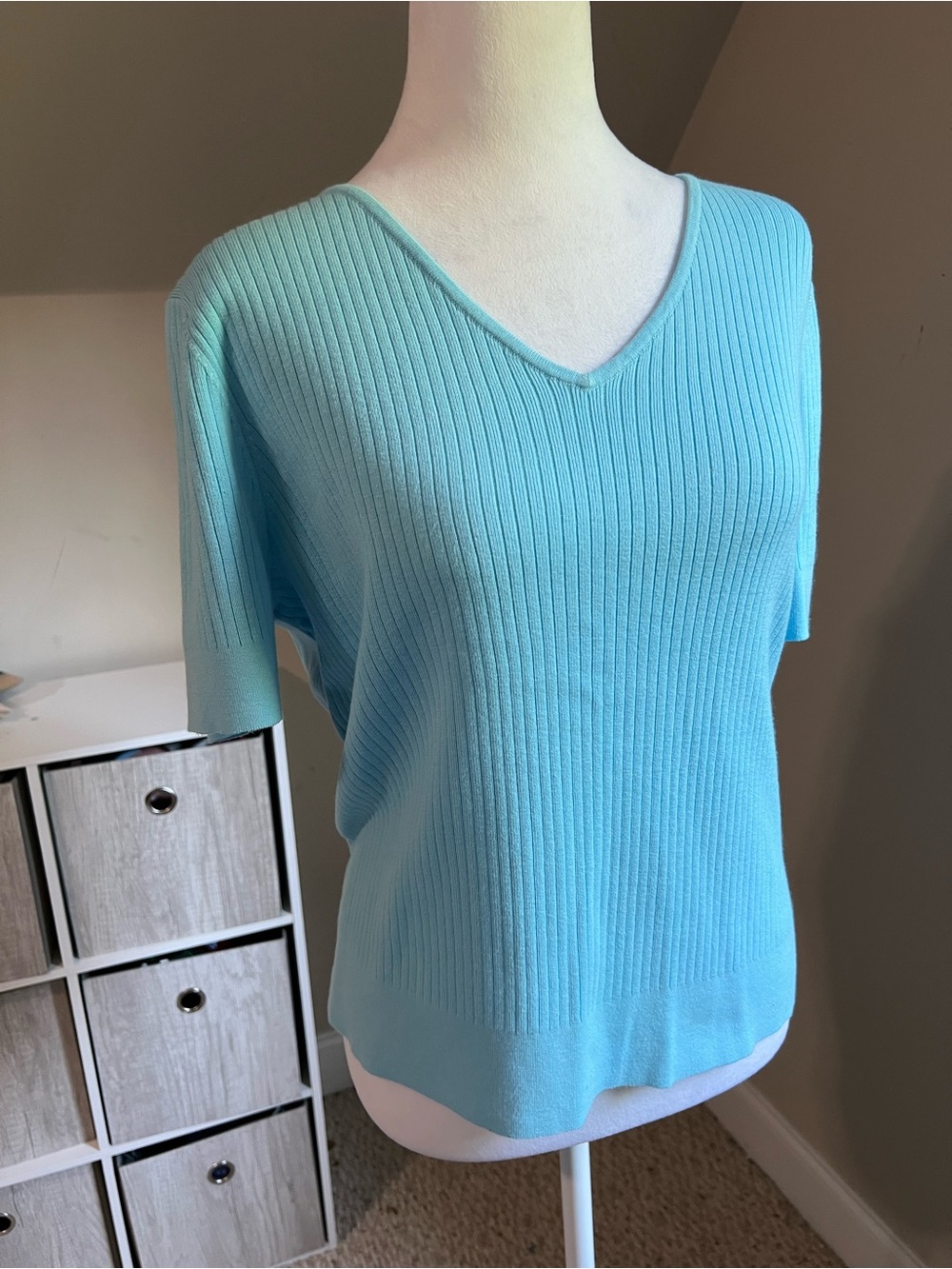 Talbots Light Blue Ribbed V-Neck Short Sleeve Sweater
